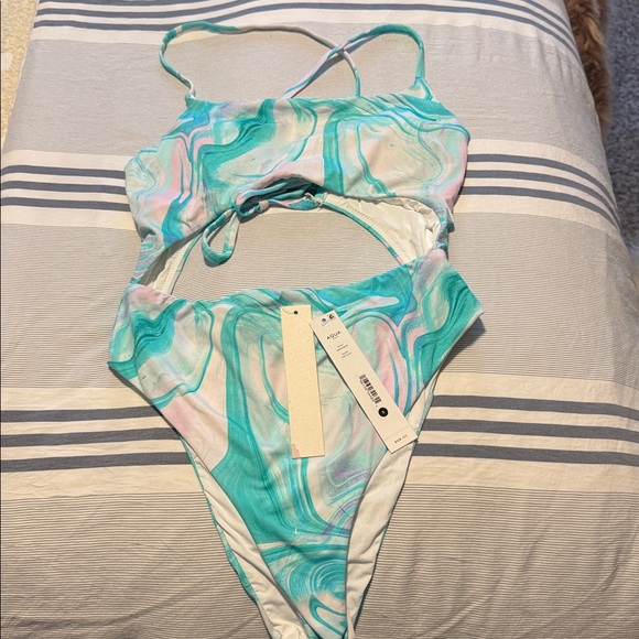 AQUA Swim Swirl Print Cutout One Piece Swimsuit Turq Multi Size small C44 - Picture 3 of 5